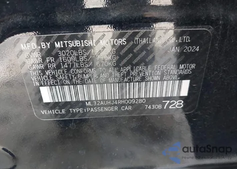 2024 Mitsubishi Mirage Es/Le from USA, damaged, VIN ML32AUHJ4RH009280